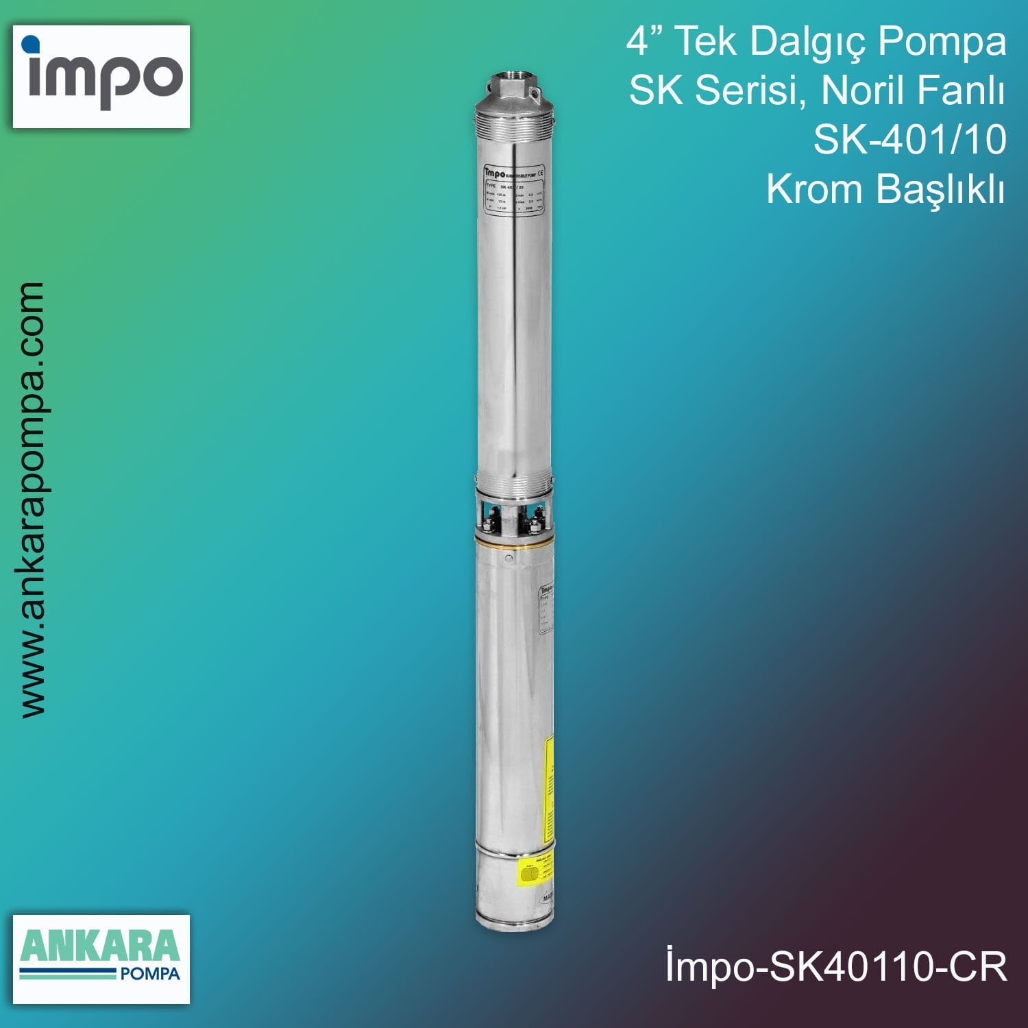 İmpo SK 401/10 Derin Kuyu Dalgıç Pompa Motorlu 0.5 Hp 66 mss 1.8 m³/h - Krom Başlıklı