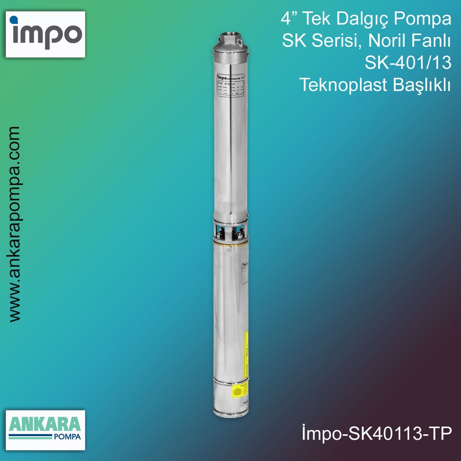 İmpo SK 401/13 Derin Kuyu Dalgıç Pompa Motorlu 0.5 Hp 84 mss 1.8 m³/h - Teknoplast Başlıklı
