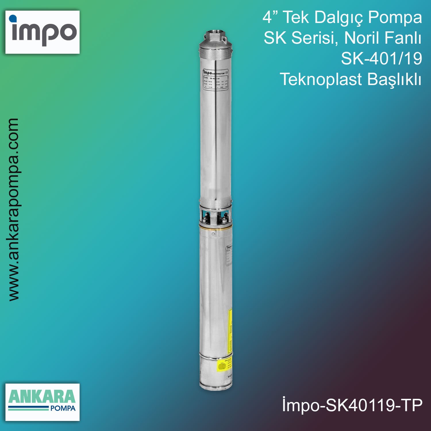 İmpo SK 401/19 Derin Kuyu Dalgıç Pompa Motorlu 0.75 Hp 116 mss 1.8 m³/h - Teknoplast Başlıklı