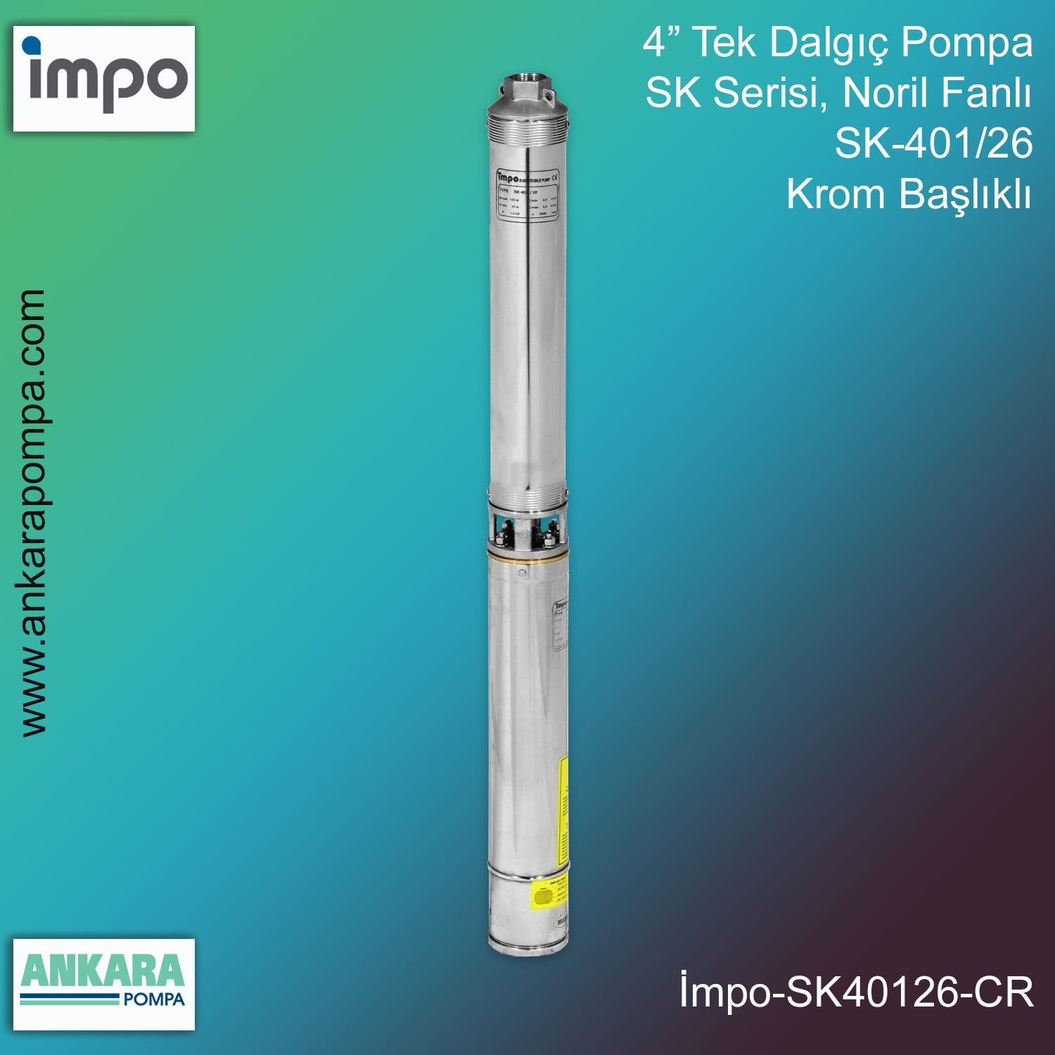 İmpo SK 401/26 Derin Kuyu Dalgıç Pompa Motorlu 1 Hp 166 mss 1.8 m³/h - Krom Başlıklı