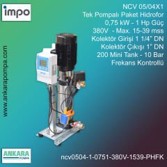 NCV 05/04X1 -  0,75kW - 1 Hp Güç, 380V  - Max. 15-39 mss, 1 1/4” Giriş 1'' Çıkış, Mini Tank 200, 10 Bar, Tek Pompalı (Tank ve Flexible Hariç) Paket Hidrofor  Frekans Kontrollü