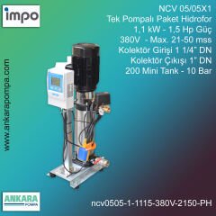 NCV 05/05X1 -  1,1 kW - 1,5 Hp Güç, 380V  - Max. 21-50 mss, 1 1/4” Giriş 1'' Çıkış, Mini Tank 200, 10 Bar, Tek Pompalı (Tank ve Flexible Hariç) Paket Hidrofor