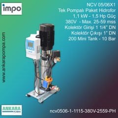 NCV 05/06X1 -  1,1 kW - 1,5 Hp Güç, 380V  - Max. 25-59 mss, 1 1/4” Giriş 1'' Çıkış, Mini Tank 200, 10 Bar, Tek Pompalı (Tank ve Flexible Hariç) Paket Hidrofor