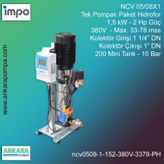 NCV 05/08X1 -  1,5 kW - 2 Hp Güç, 380V  - Max. 33-78 mss, 1 1/4” Giriş 1'' Çıkış, Mini Tank 200, 10 Bar, Tek Pompalı (Tank ve Flexible Hariç) Paket Hidrofor