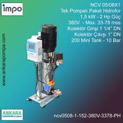 NCV 05/08X1 -  1,5 kW - 2 Hp Güç, 380V  - Max. 33-78 mss, 1 1/4” Giriş 1'' Çıkış, Mini Tank 200, 10 Bar, Tek Pompalı (Tank ve Flexible Hariç) Paket Hidrofor Frekans Kontrollü