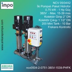 NCV 05/04X2 -  0,75kW - 1 Hp Güç, 380V  - Max. 15-39 mss, 2” Giriş 1 1/2'' Çıkış, Mini Tank 200, 10 Bar, İki Pompalı (Tank ve Flexible Hariç) Paket Hidrofor Frekans Kontrollü