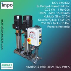 NCV 05/04X2 -  0,75kW - 1 Hp Güç, 380V  - Max. 15-39 mss, 2” Giriş 1 1/2'' Çıkış, Mini Tank 200, 10 Bar, İki Pompalı (Tank ve Flexible Hariç) Paket Hidrofor Frekans Kontrollü