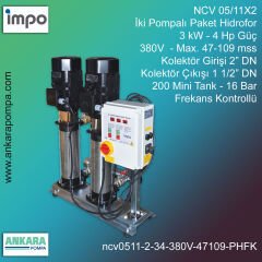 NCV 05/11X2, 3 kW - 4 Hp Güç, 380V - Max. 47-109 mss, 2” Giriş 1 1/2'' Çıkış, Mini Tank 200, 16 Bar, İki Pompalı (Tank ve Flexible Hariç) Paket Hidrofor Frekans Kontrollü