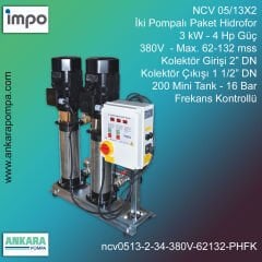 NCV 05/13X2, 3 kW - 4 Hp Güç, 380V - Max. 62-132 mss, 2” Giriş 1 1/2'' Çıkış, Mini Tank 200, 16 Bar, İki Pompalı (Tank ve Flexible Hariç) Paket Hidrofor Frekans Kontrollü