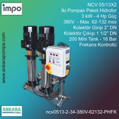 NCV 05/13X2, 3 kW - 4 Hp Güç, 380V - Max. 62-132 mss, 2” Giriş 1 1/2'' Çıkış, Mini Tank 200, 16 Bar, İki Pompalı (Tank ve Flexible Hariç) Paket Hidrofor Frekans Kontrollü