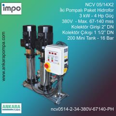 NCV 05/14X2, 3 kW - 4 Hp Güç, 380V - Max. 67-140 mss, 2” Giriş 1 1/2'' Çıkış, Mini Tank 200, 16 Bar, İki Pompalı (Tank ve Flexible Hariç) Paket Hidrofor