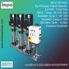 NCV 05/10X3, 2,2 kW - 3 Hp Güç, 380V - Max. 45-100 mss, 2 1/2” Giriş 2'' Çıkış, Mini Tank 200, 10 Bar, Üç Pompalı (Tank ve Flexible Hariç) Paket Hidrofor Frekans Kontrollü