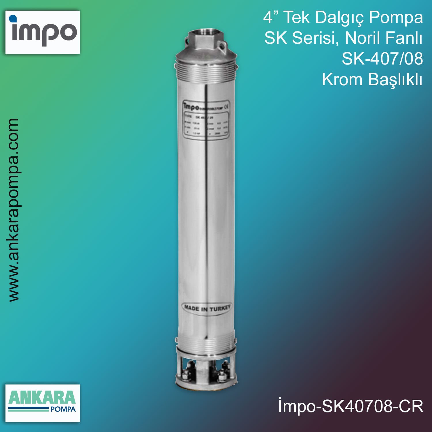 İmpo SK 407/08 Derin Kuyu Dalgıç Pompa Motorlu 1 Hp 36 mss 9 m³/h - Krom Başlıklı