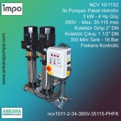 NCV 10/11X2, 3 kW - 4 Hp Güç, 380V - Max. 35-115 mss, 2” Giriş 1 1/2'' Çıkış, Mini Tank 300, 16 Bar, İki Pompalı (Tank ve Flexible Hariç) Paket Hidrofor Frekans Kontrollü