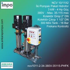 NCV 10/11X2, 3 kW - 4 Hp Güç, 380V - Max. 35-115 mss, 2” Giriş 1 1/2'' Çıkış, Mini Tank 300, 16 Bar, İki Pompalı (Tank ve Flexible Hariç) Paket Hidrofor Frekans Kontrollü