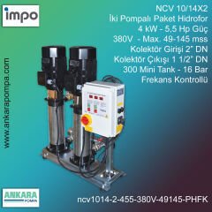 NCV 10/14X2, 4 kW - 5,5 Hp Güç, 380V - Max. 49-145 mss, 2” Giriş 1 1/2'' Çıkış, Mini Tank 300, 16 Bar, İki Pompalı (Tank ve Flexible Hariç) Paket Hidrofor Frekans Kontrollü