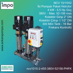 NCV 10/15X2, 4 kW - 5,5 Hp Güç, 380V - Max. 52-156 mss, 2” Giriş 1 1/2'' Çıkış, Mini Tank 300, 16 Bar, İki Pompalı (Tank ve Flexible Hariç) Paket Hidrofor Frekans Kontrollü