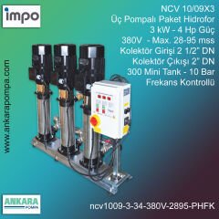 NCV 10/09X3, 3 kW - 4 Hp Güç, 380V - Max. 28-95 mss, 2 1/2” Giriş 2'' Çıkış, Mini Tank 300, 10 Bar, Üç Pompalı (Tank ve Flexible Hariç) Paket Hidrofor Frekans Kontrollü