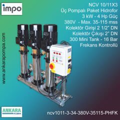 NCV 10/11X3, 3 kW - 4 Hp Güç, 380V - Max. 35-115 mss, 2 1/2” Giriş 2'' Çıkış, Mini Tank 300, 16 Bar, Üç Pompalı (Tank ve Flexible Hariç) Paket Hidrofor Frekans Kontrollü