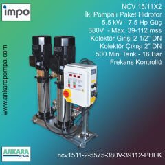 NCV 15/11X2, 5,5 kW - 7,5 Hp Güç, 380V - Max. 39-112 mss, 2 1/2” Giriş 2'' Çıkış, Mini Tank 500, 16 Bar, İki Pompalı (Tank ve Flexible Hariç) Paket Hidrofor Frekans Kontrollü