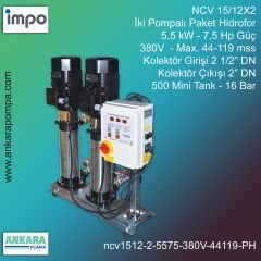 NCV 15/12X2, 5,5 kW - 7,5 Hp Güç, 380V - Max. 44-119 mss, 2 1/2” Giriş 2'' Çıkış, Mini Tank 500, 16 Bar, İki Pompalı (Tank ve Flexible Hariç) Paket Hidrofor