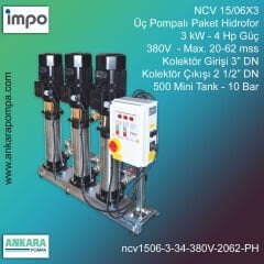 NCV 15/06X3, 5,5 kW - 7,5 Hp Güç, 380V - Max. 20-62 mss, 3” Giriş 2 1/2'' Çıkış, Mini Tank 500, 10 Bar, Üç Pompalı (Tank ve Flexible Hariç) Paket Hidrofor
