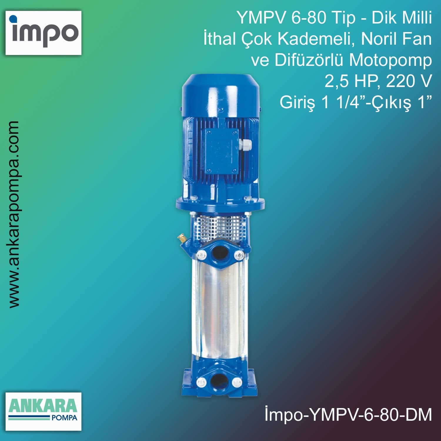YMPV 6-80 Tip - Dik Milli, 2,5 HP, 220 V, Giriş 1 1/4”-Çıkış 1”, İthal Çok Kademeli, Noril Fan ve Difüzörlü Motopomp