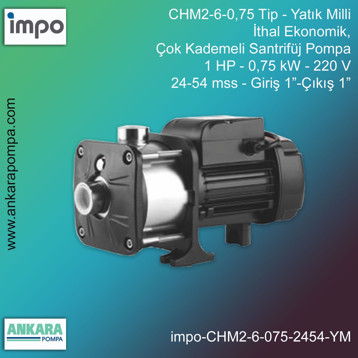 CHM4-6-1 Tip - Yatık Milli, 1,4 HP, 1kW, 220 V, Giriş 1 1/4”-Çıkış 1”, 9-60 mss, İthal Çok Kademeli Santrifüj Pompalar