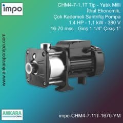 CHM8-4-1,5 Tip - Yatık Milli, 2 HP, 1,5kW, 220 V, 28-41 mss, Giriş 1 1/2”-Çıkış 1 1/2”, İthal Çok Kademeli Santrifüj Pompalar