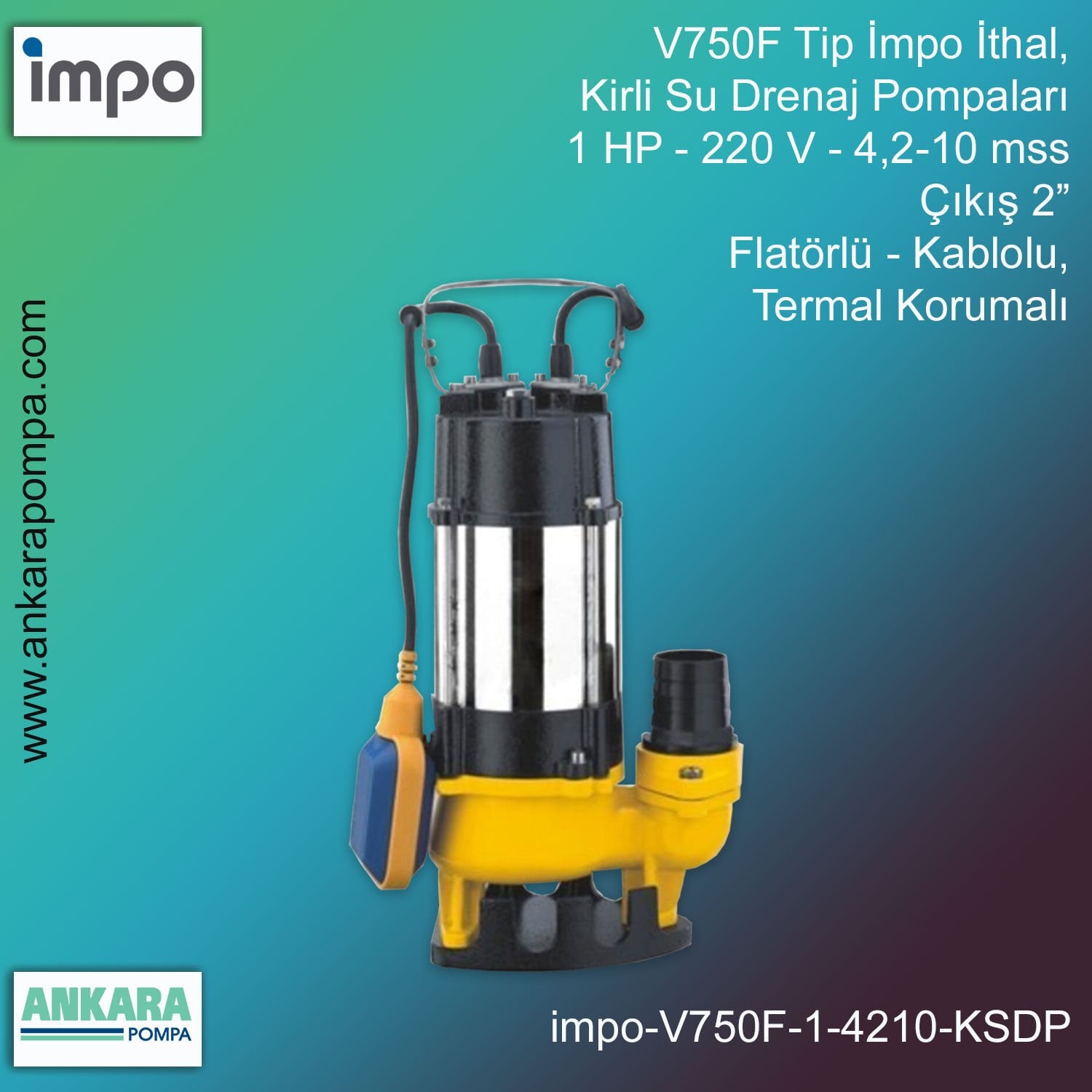 V750F Tip - 1 HP, 220V, 4,2-10 mss, Çıkış 2”, Flatörlü, Kablolu, İthal Kirli Su Drenaj Pompası