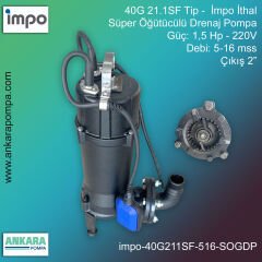 İmpo 40G 21.1SF Tip - 1,5 Hp-220V Gücünde, 5-16 mss, Çıkış 2'', İthal, Süper Öğütücülü Döküm Gövdeli Drenaj Pompası