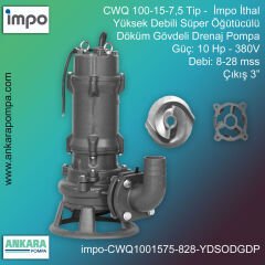 İmpo CWQ 100-15-7,5 Tip - 10 Hp-380V Gücünde, 8-28 mss, Çıkış 3'', İthal, Yüksek Debili, Süper Öğütücülü Döküm Gövdeli Drenaj Pompası