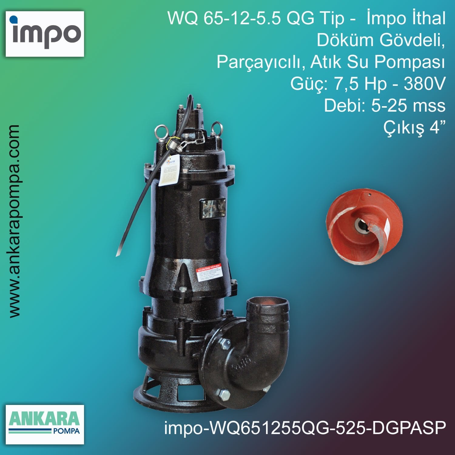 İmpo WQ 65-12-5.5 QG Tip - 7,5 Hp-380V Gücünde, 5-25 mss, Çıkış 4'', İthal, Döküm Gövdeli, Parçayıcılı Atık Su Pompası