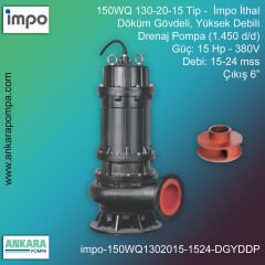 İmpo 150WQ 130-20-15 Tip - 20 Hp-380V Gücünde, 15-24 mss, Çıkış 6'', İthal, Döküm Gövdeli, Yüksek Debili, Drenaj Pompası  (1.450d/d)