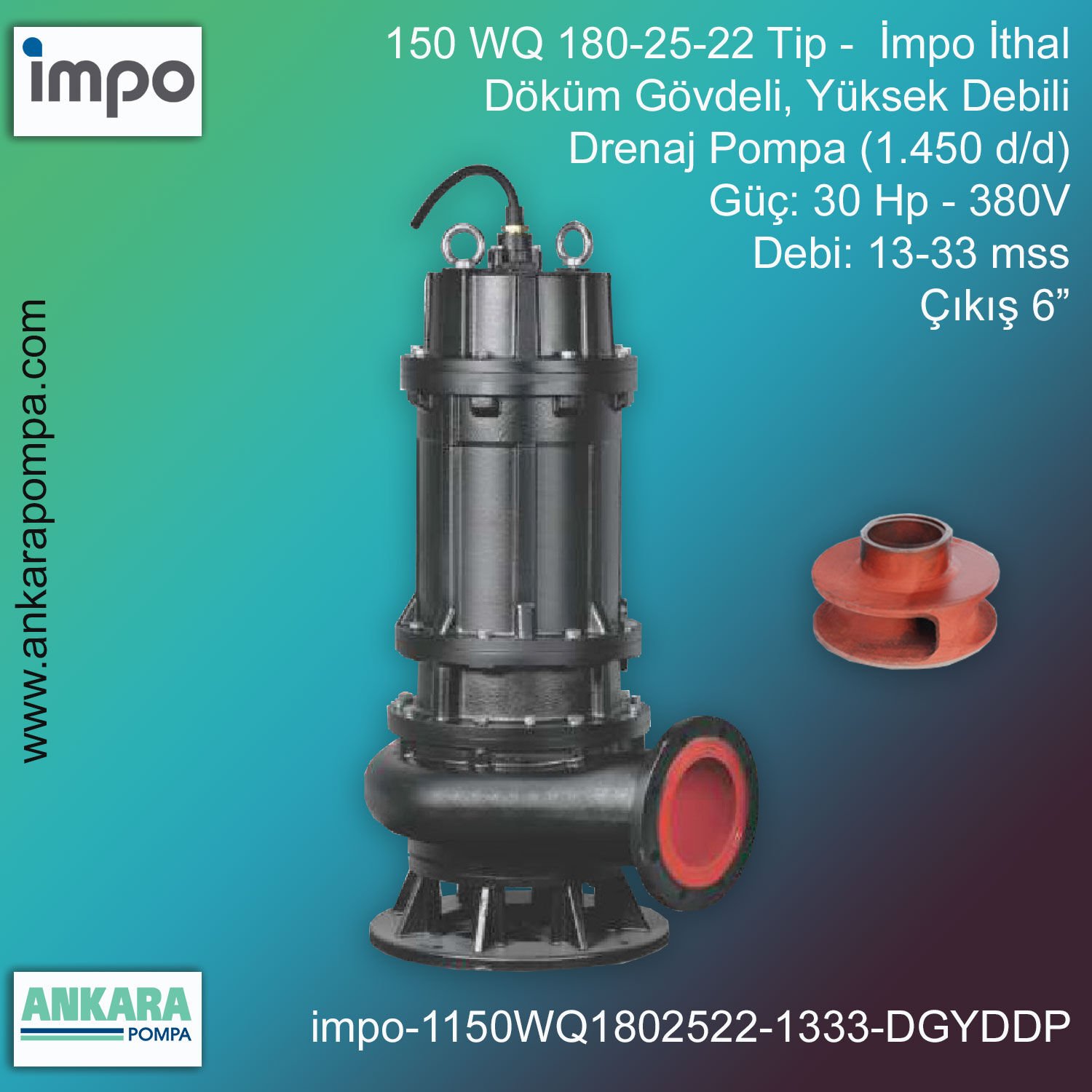 İmpo 150 WQ 180-25-22 Tip - 30 Hp-380V Gücünde, 13-33 mss, Çıkış 6'', İthal, Döküm Gövdeli, Yüksek Debili, Drenaj Pompası  (1.450d/d)