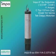 İmpo 6'' Su Soğutmalı ( 5,5 HP - 4 KW ) 11 Amper, C Tipi 137mm Çap,  Direkt Yol Verme Tek Dalgıç Motorları