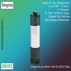 İmpo 6'' Su Soğutmalı ( 5,5 HP - 4 KW ) 11 Amper, K Tipi 145mm Çap,  Direkt Yol Verme Tek Dalgıç Motorları