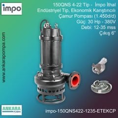 İmpo 150QNS 4-22 Tip - 30 Hp-380V Gücünde, 12-35 mss, Çıkış 6'', İthal, Endüstriyel Tip, Ekonomik Karıştırıcılı Çamur Pompası (1.450d/d)
