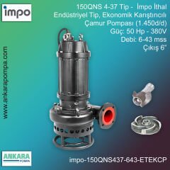 İmpo 150QNS 4-37 Tip - 50 Hp-380V Gücünde, 6-43 mss, Çıkış 6'', İthal, Endüstriyel Tip, Ekonomik Karıştırıcılı Çamur Pompası (1.450d/d)