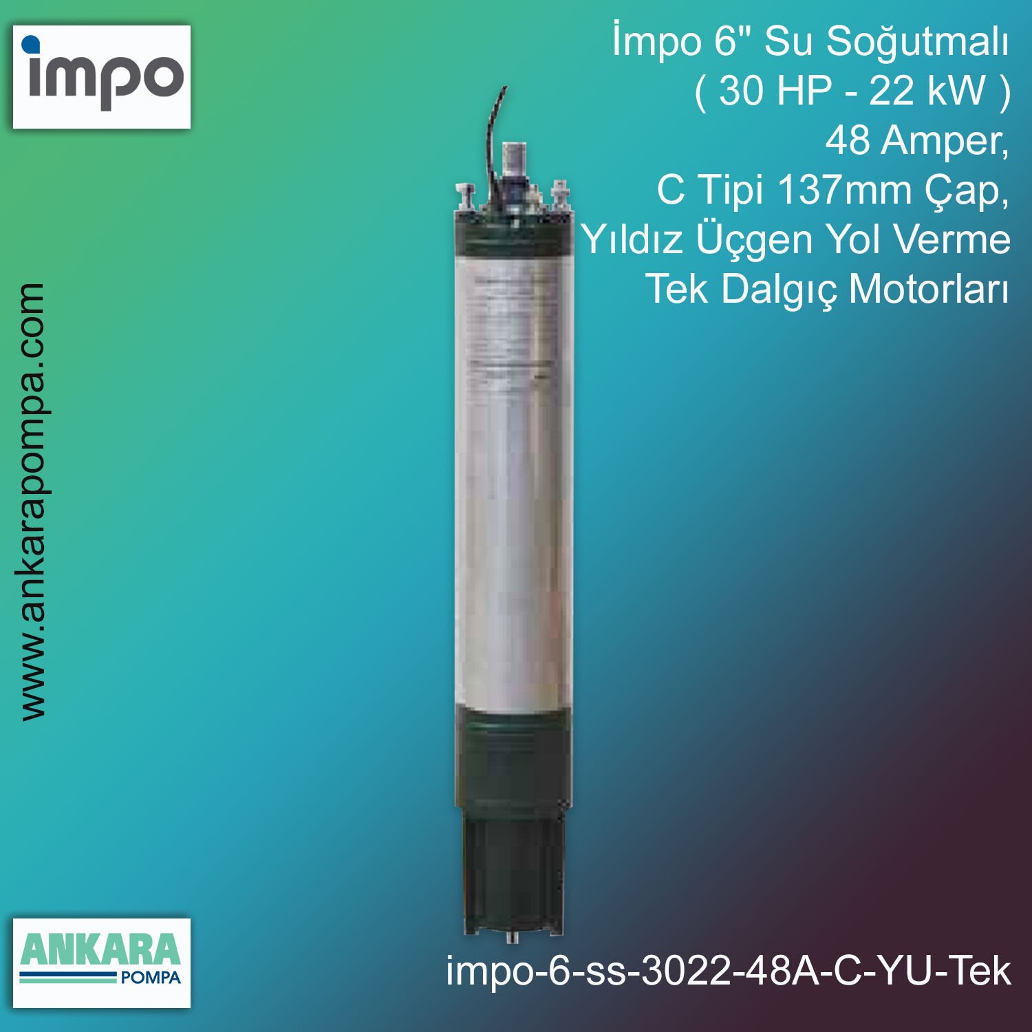 İmpo 6'' Su Soğutmalı ( 30 HP - 22 KW ) 48 Amper, C Tipi 137mm Çap,  Yıldız Üçgen Yol Verme Tek Dalgıç Motorları