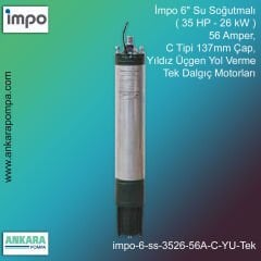 İmpo 6'' Su Soğutmalı ( 35 HP - 26 KW ) 56 Amper, C Tipi 137mm Çap,  Yıldız Üçgen Yol Verme Tek Dalgıç Motorları