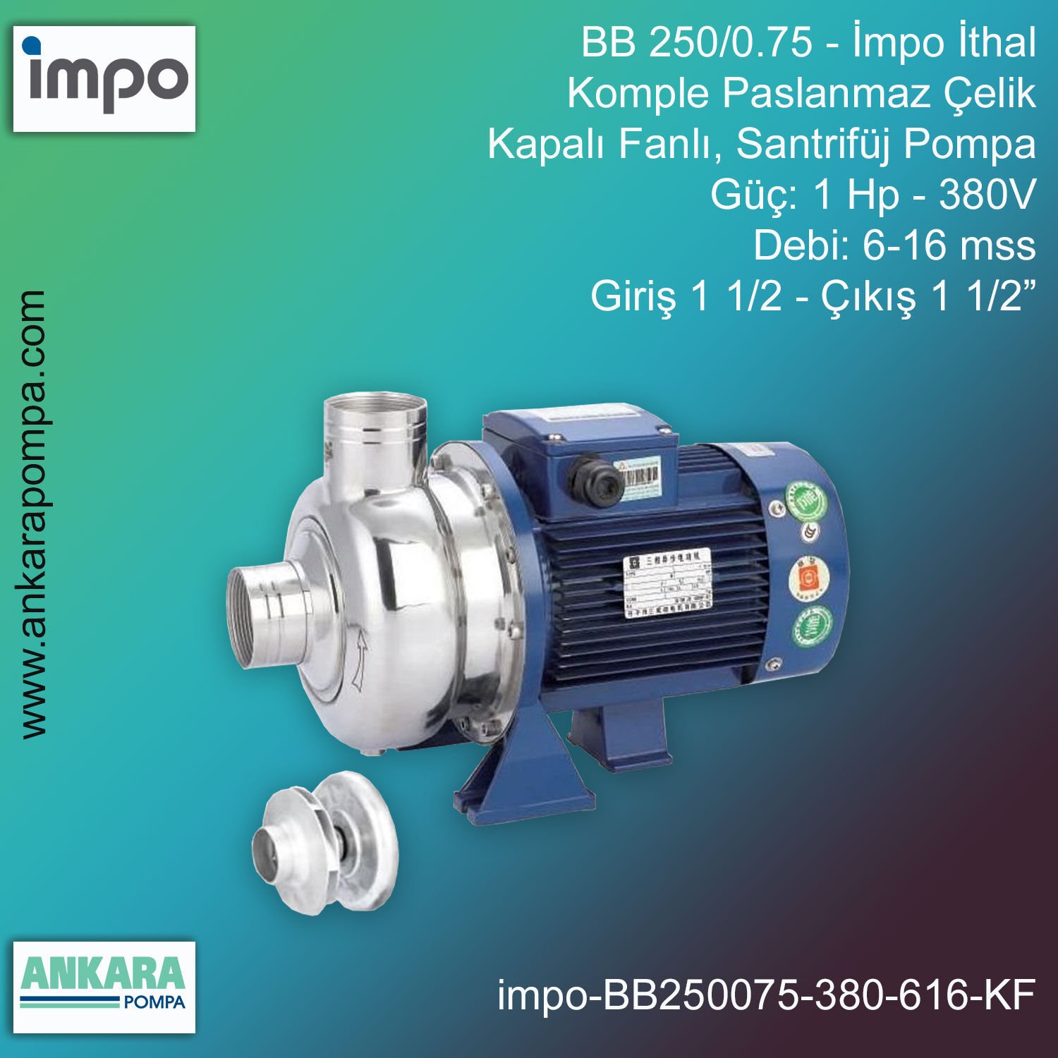 İmpo BB 250/0.75 Tip - 1 Hp-380V Gücünde, 6-16 mss, Giriş 1 1/2''-Çıkış 1 1/2'', İthal, 304 Komple Paslanmaz Çelik, Kapalı Fanlı, Santrifüj Pompa
