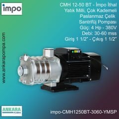 İmpo CMH 12-50 BT Tip - 4 Hp-380V Gücünde, 30-60 mss, Giriş 1 1/2''-Çıkış 1 1/2'', İthal, Yatık Milli, Çok Kademeli Paslanmaz Çelik Santrifüj Pompa
