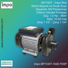 İmpo SP1100T Tip - 1,5 Hp-380V Gücünde, 10-29 mss, Giriş 1 1/2''-Çıkış 1 1/4'', İthal, Tek Kademeli Santrifüj Pompa