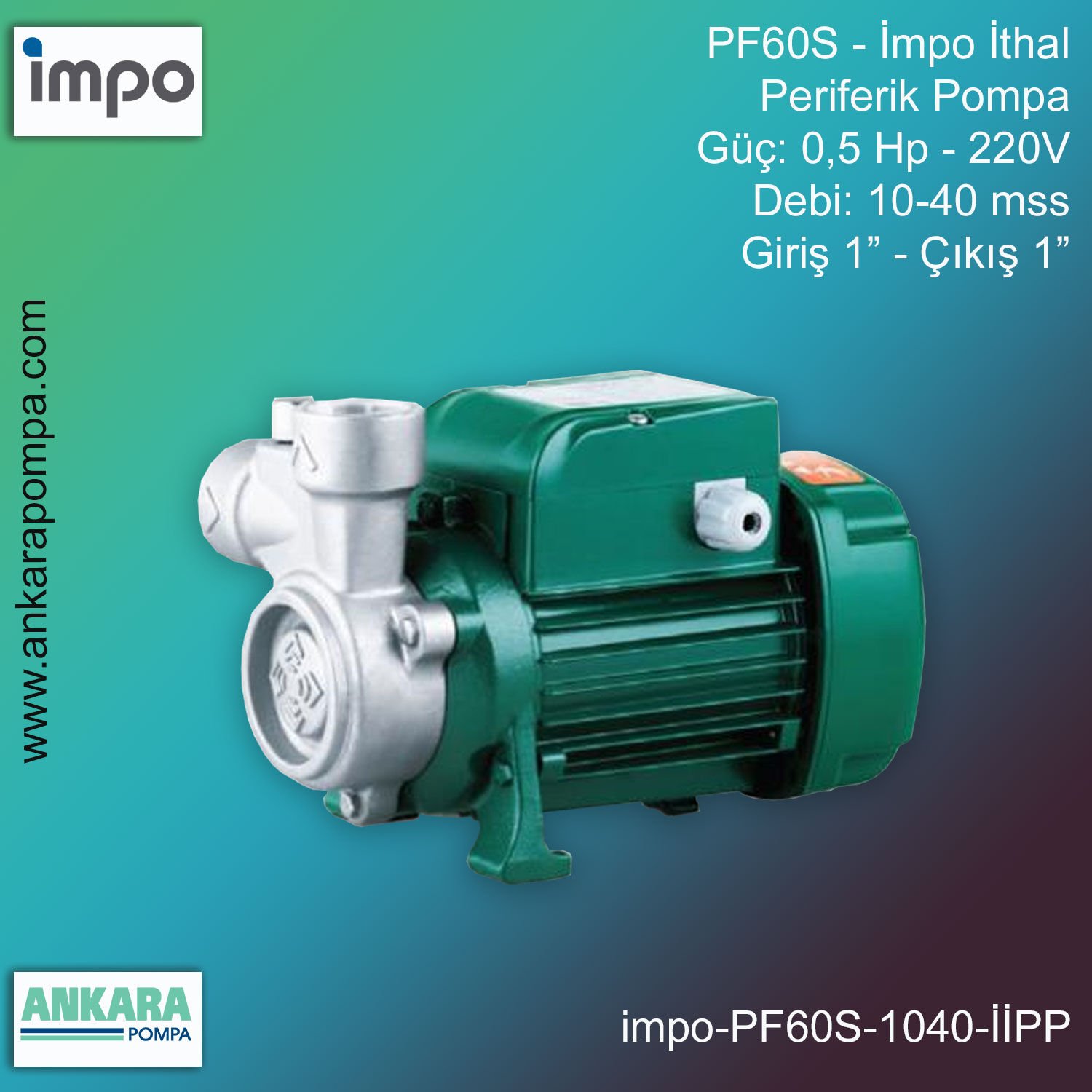 İmpo PF60S Tip - 0,5 Hp-220V Gücünde, 10-40 mss, Giriş 1''-Çıkış 1'', İthal, Periferik Pompa