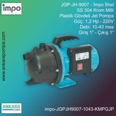 İmpo JGP-JH-9007 Tip - 1,2 Hp-220V Gücünde, 10-43 mss, Giriş 1''-Çıkış 1'', İthal, SS 304 Krom Milli Plastik Gövdeli Jet Pompa