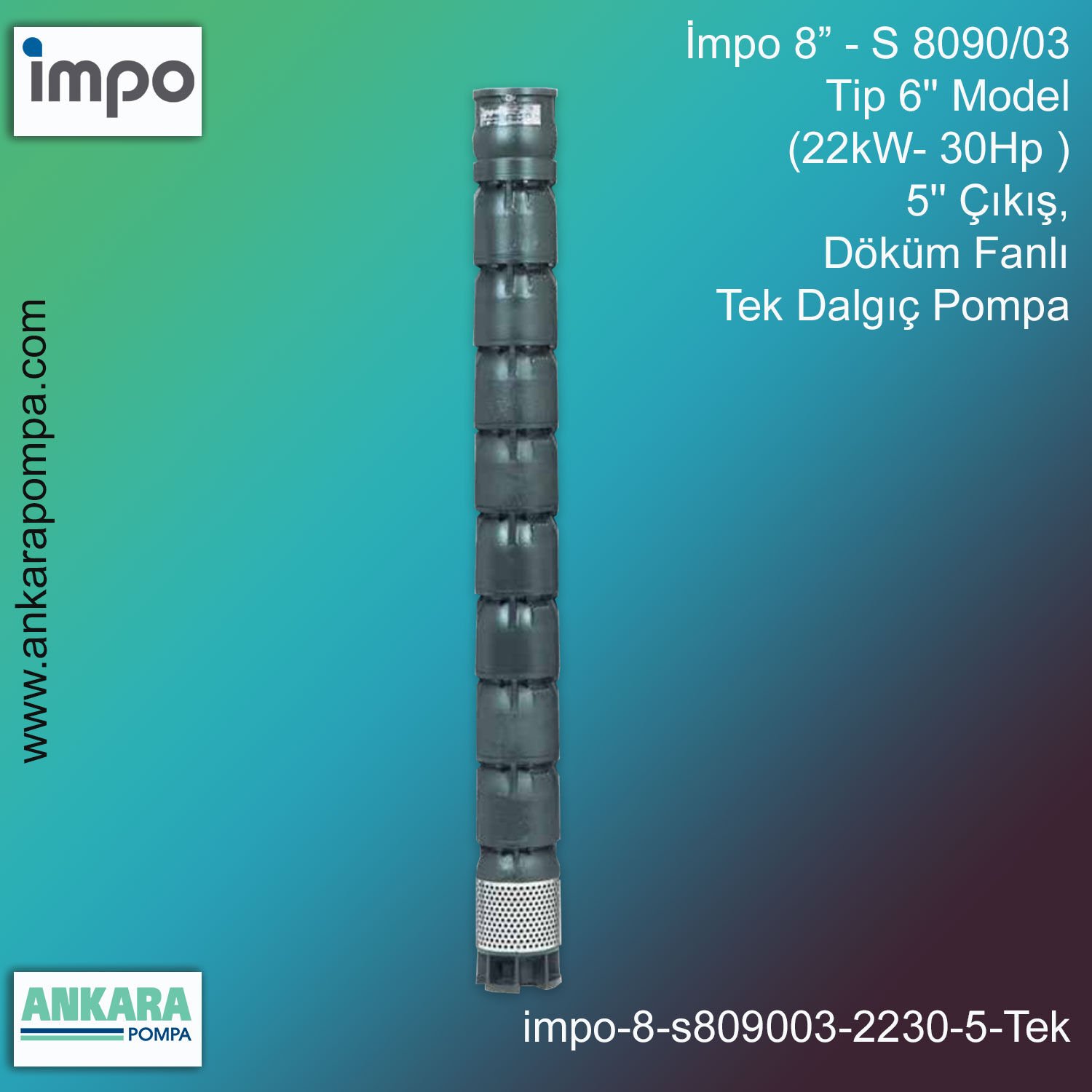 İmpo 8” - S 8090/03 Tip 6'' Model (22kW- 30Hp ), 5'' Çıkış, Döküm Fanlı Tek Dalgıç Pompa