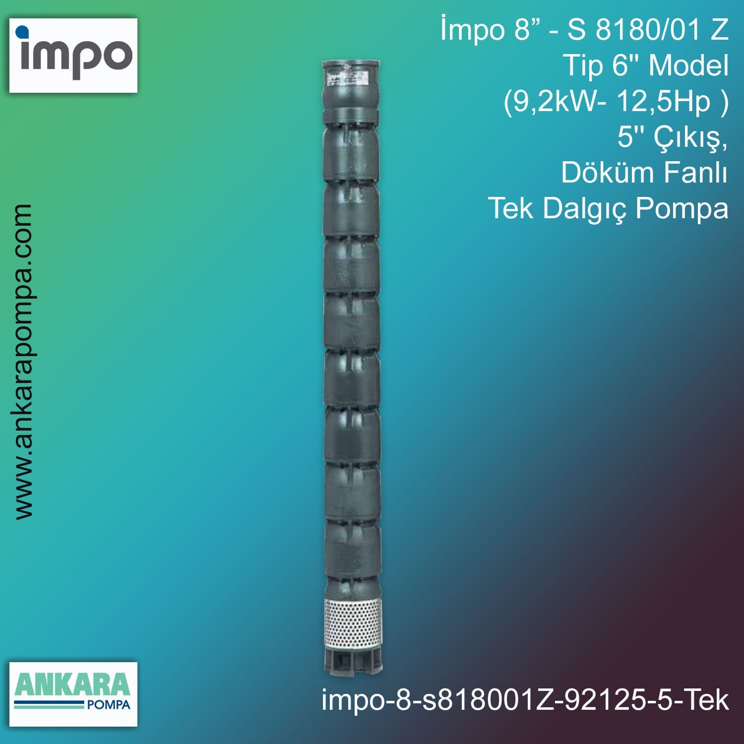 İmpo 8” - S 8180/01Z Tip 6'' Model (9,2kW- 12,5Hp ), 5'' Çıkış, Döküm Fanlı Tek Dalgıç Pompa