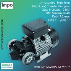 İmpo DP120230A Tip - 1100Watt-220V Gücünde, Max HM 40, 7,2 mss, Giriş 1''-Çıkış 1'', İthal, Mazot, Yağ Transfer Pompası