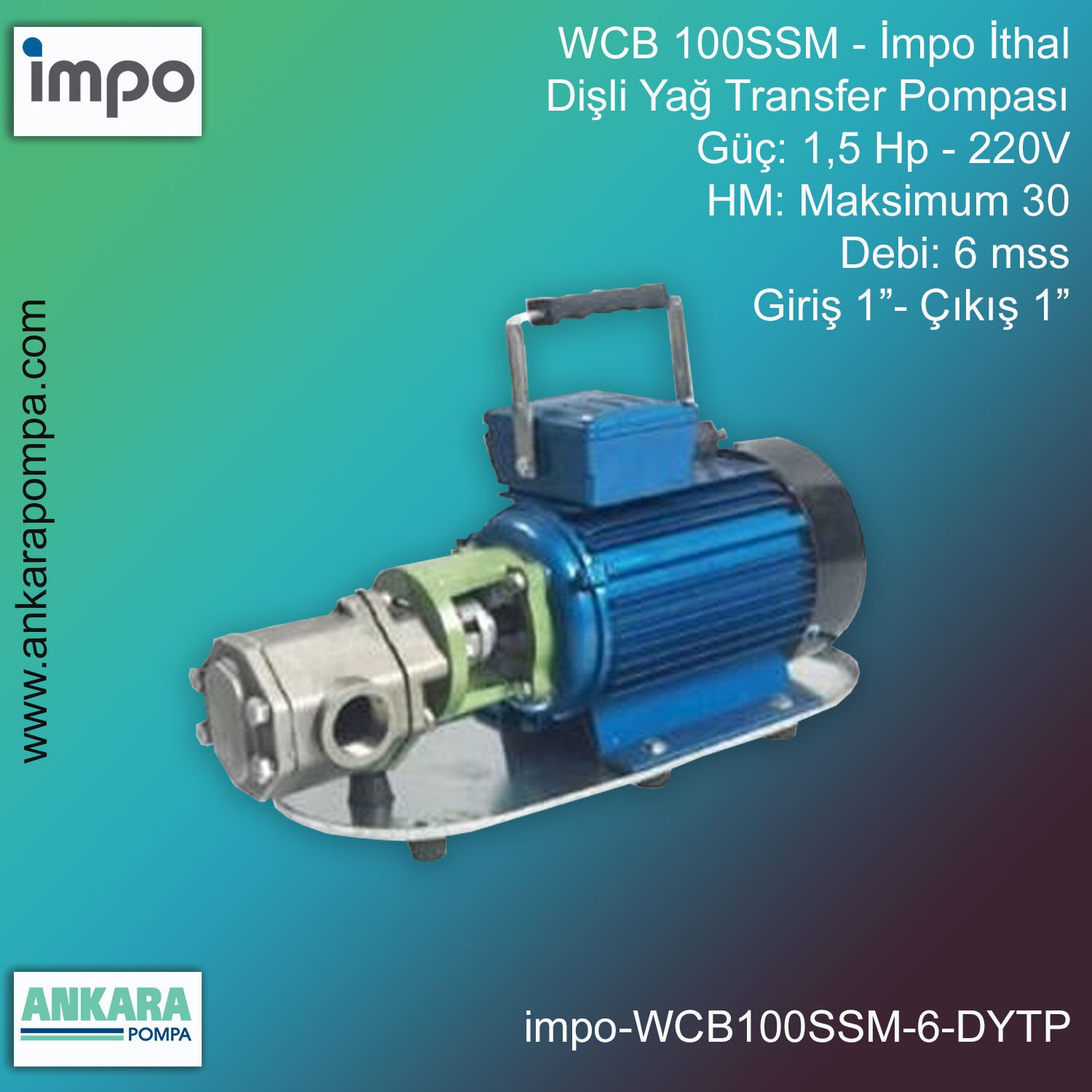 İmpo WCB 100SSM Tip - 1,5 Hp-220V Gücünde, Max HM 30, 6 mss, Giriş 1''-Çıkış 1'', İthal, Dişli Yağ Transfer Pompası